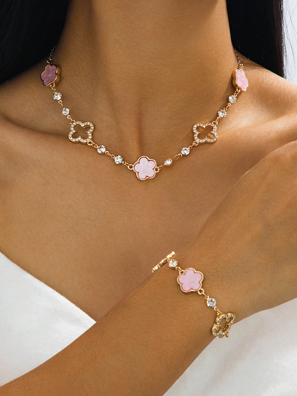Duo Colar e Pulseira Trevo – Rosa Delicado